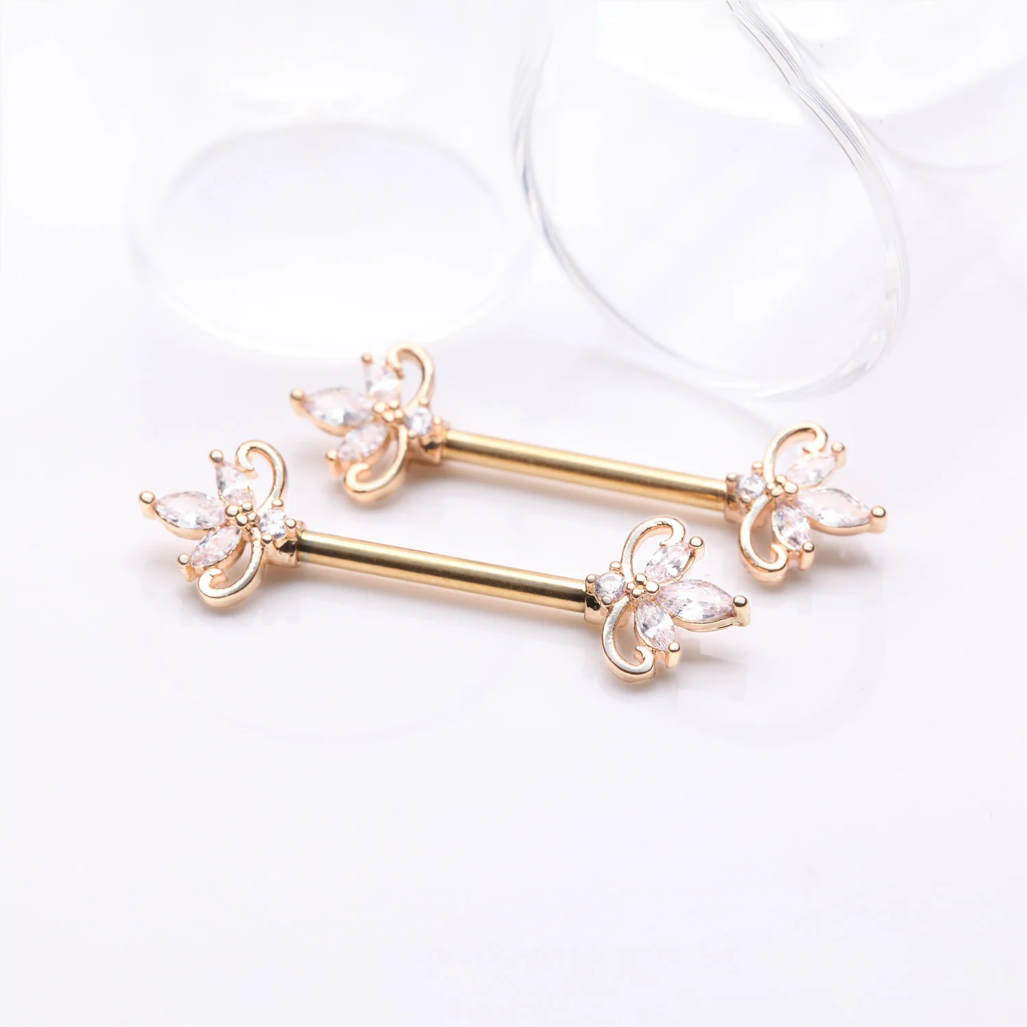 A Pair of Golden Royal Floral Spear Sparkle Elegance Nipple Barbell - Image 2