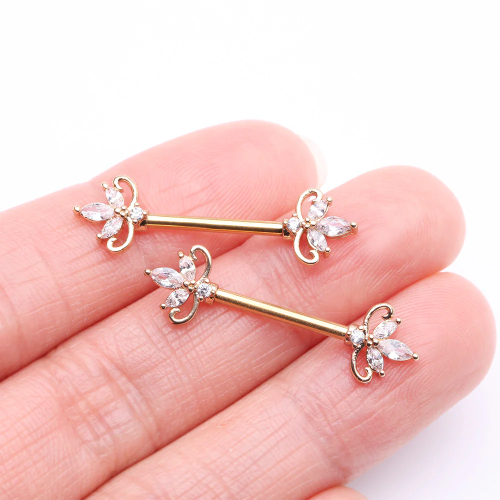 A Pair of Golden Royal Floral Spear Sparkle Elegance Nipple Barbell - Image 3