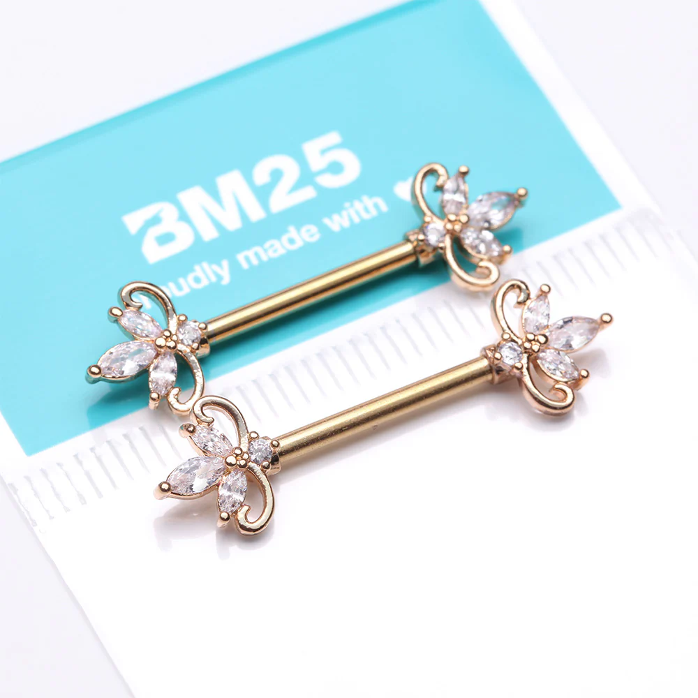 A Pair of Golden Royal Floral Spear Sparkle Elegance Nipple Barbell - Image 4