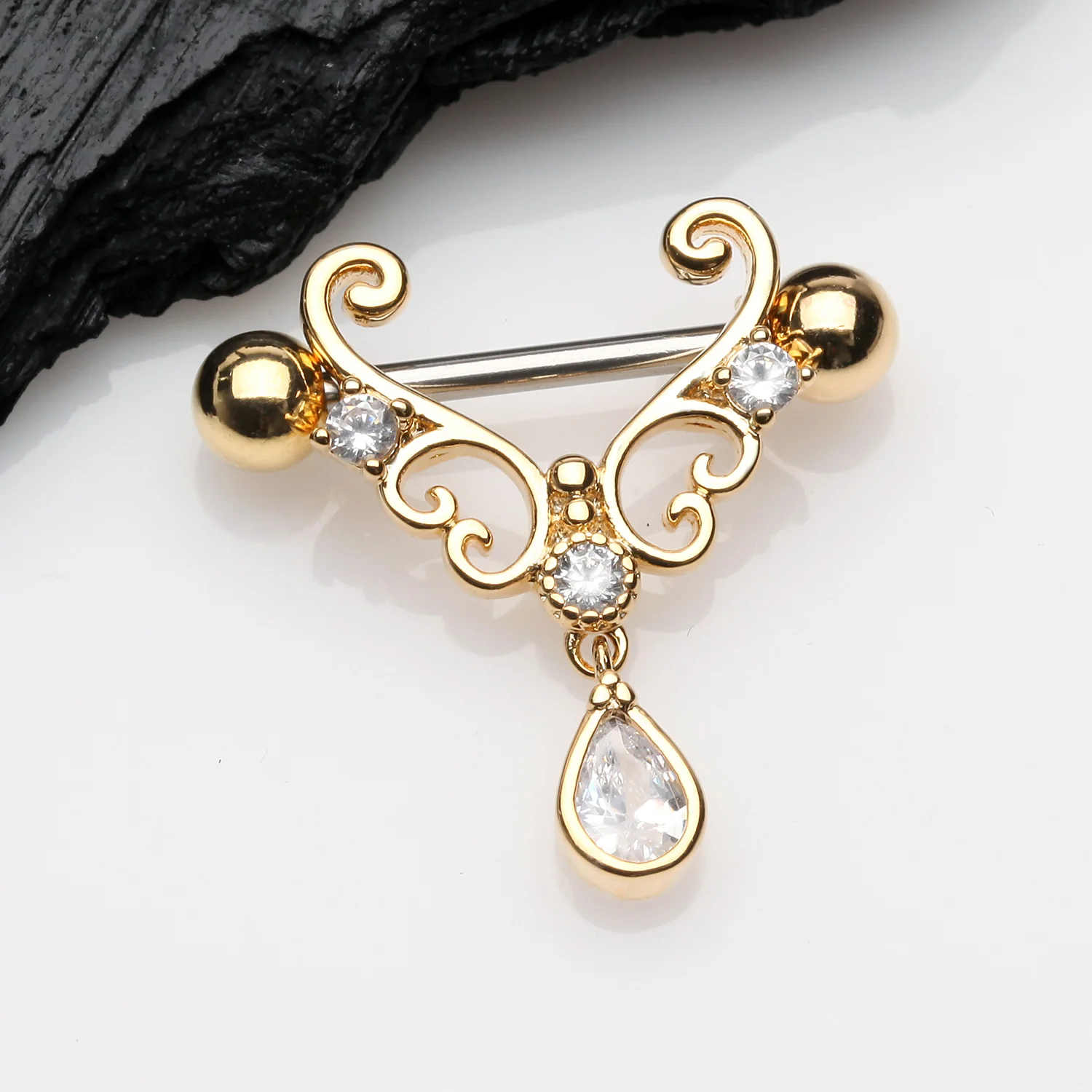A Pair of Golden Royal Heart Filigree Sparkle Dangle Nipple Shield - Image 2