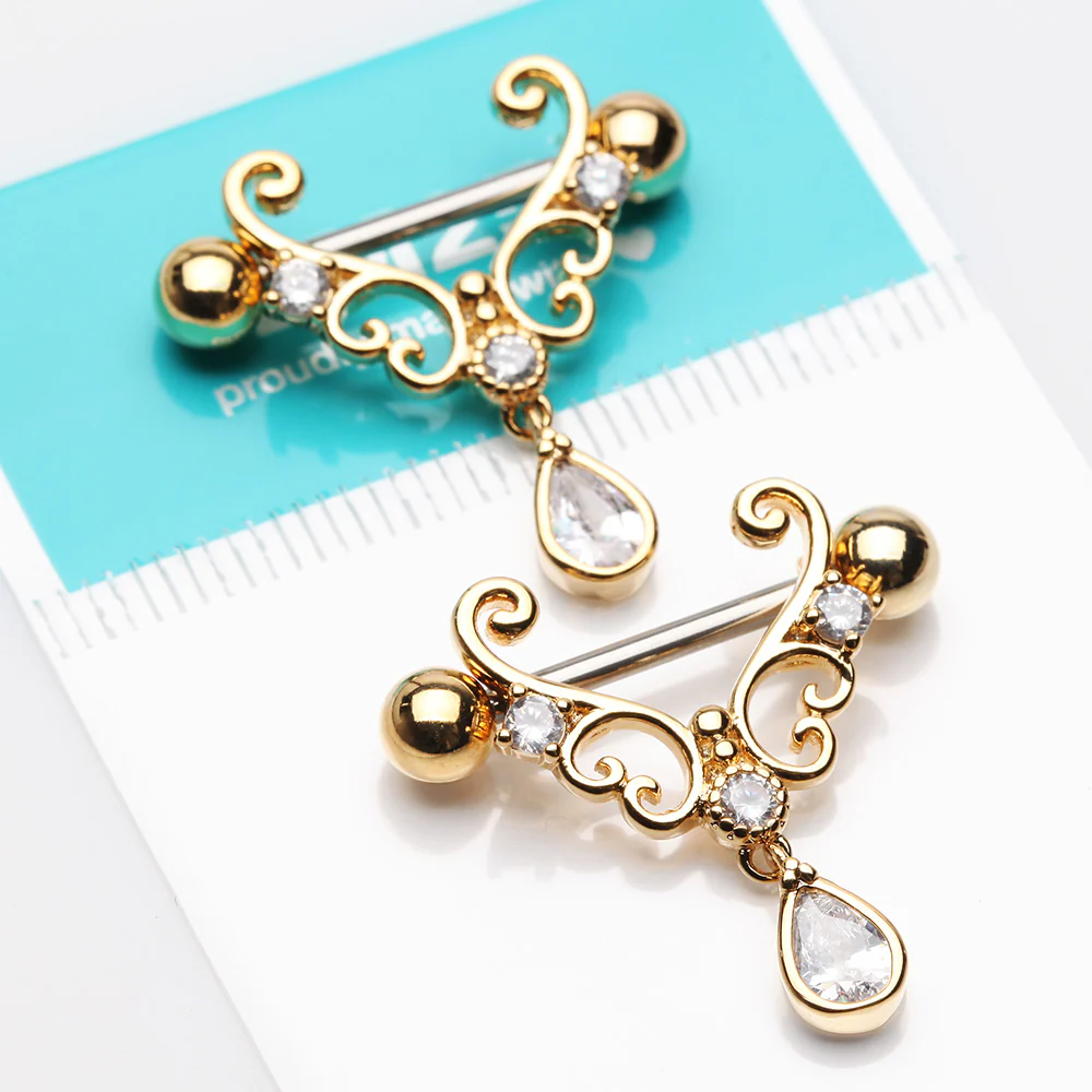 A Pair of Golden Royal Heart Filigree Sparkle Dangle Nipple Shield - Image 3