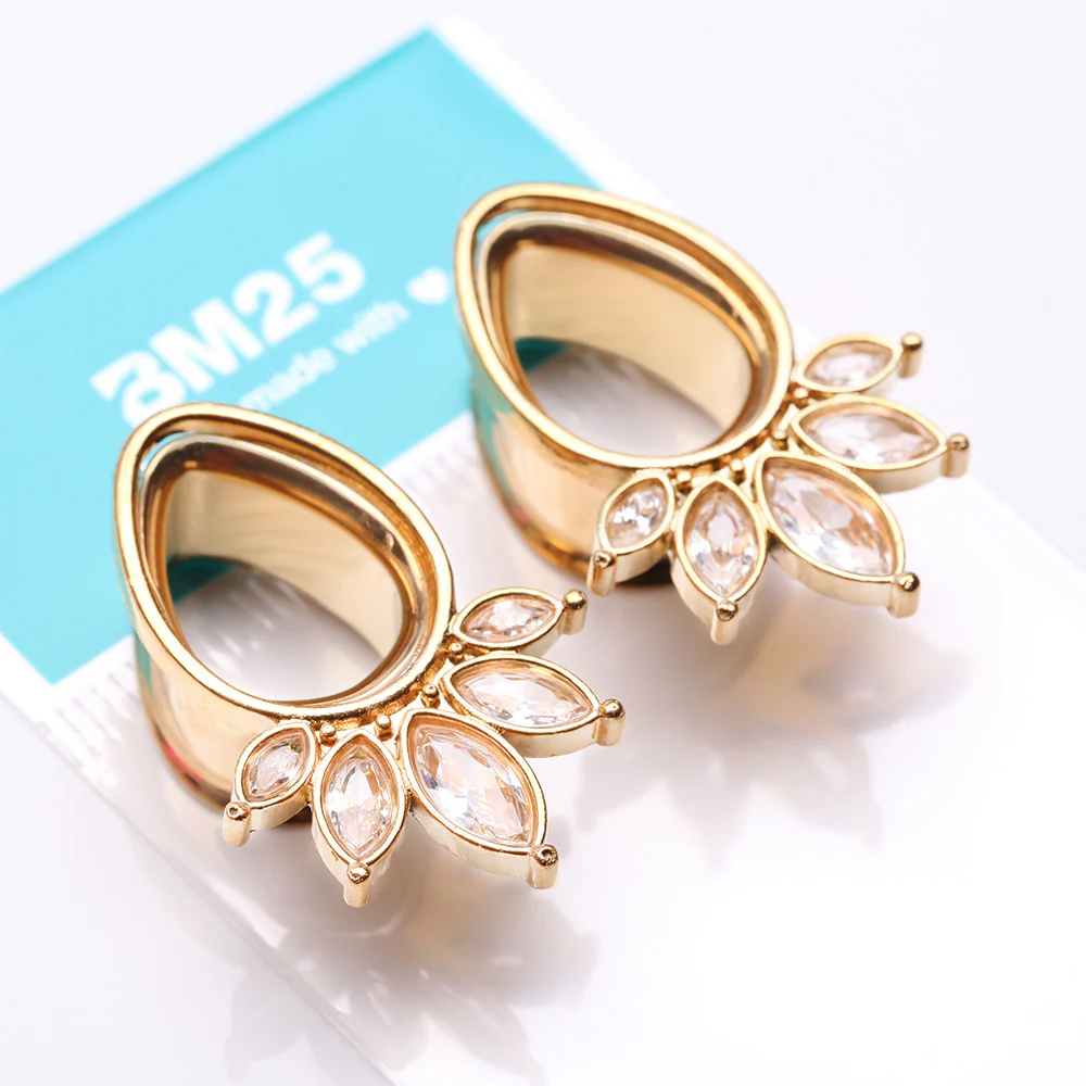 A Pair of Golden Royal Marquise Floral Sparkle Teardrop Double Flared Tunnel Plug - Image 4