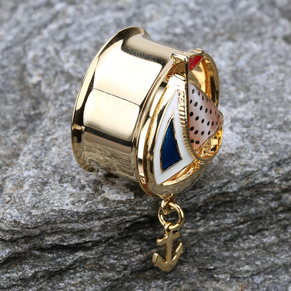 A Pair of Golden Sail Boat Anchor Dangle Steel Ear Gauge Plug - Image 4