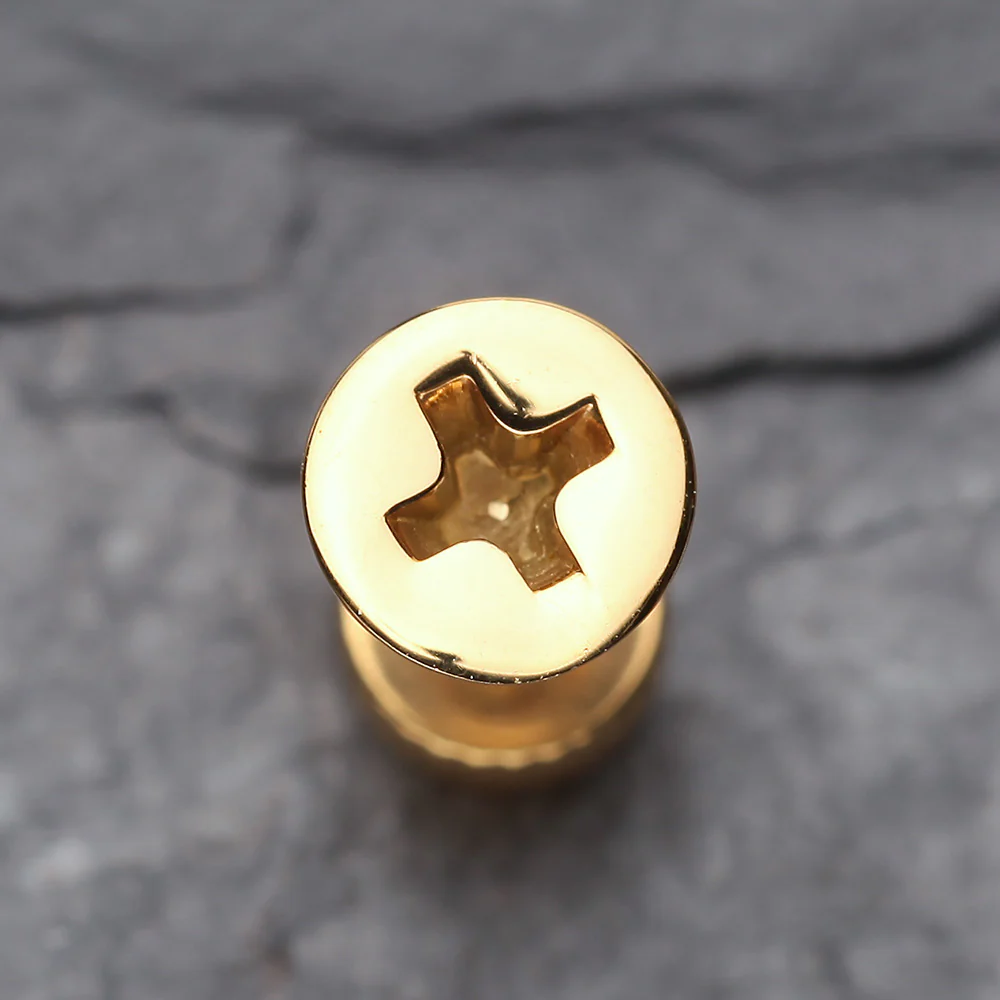 A Pair of Golden Screw Bolt Top Steel Fake Plug Earring - Image 3
