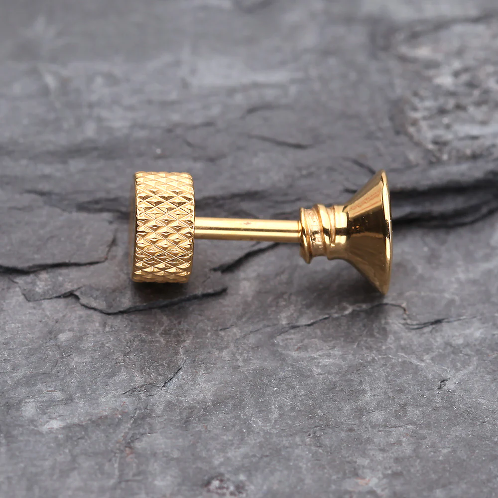 A Pair of Golden Screw Bolt Top Steel Fake Plug Earring - Image 4