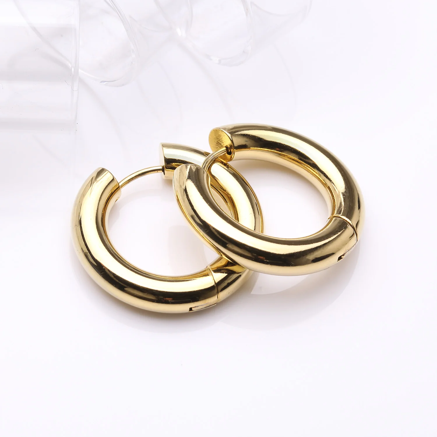 A Pair of Golden Simple Hinged Huggie Hoop Steel Earring - Image 2
