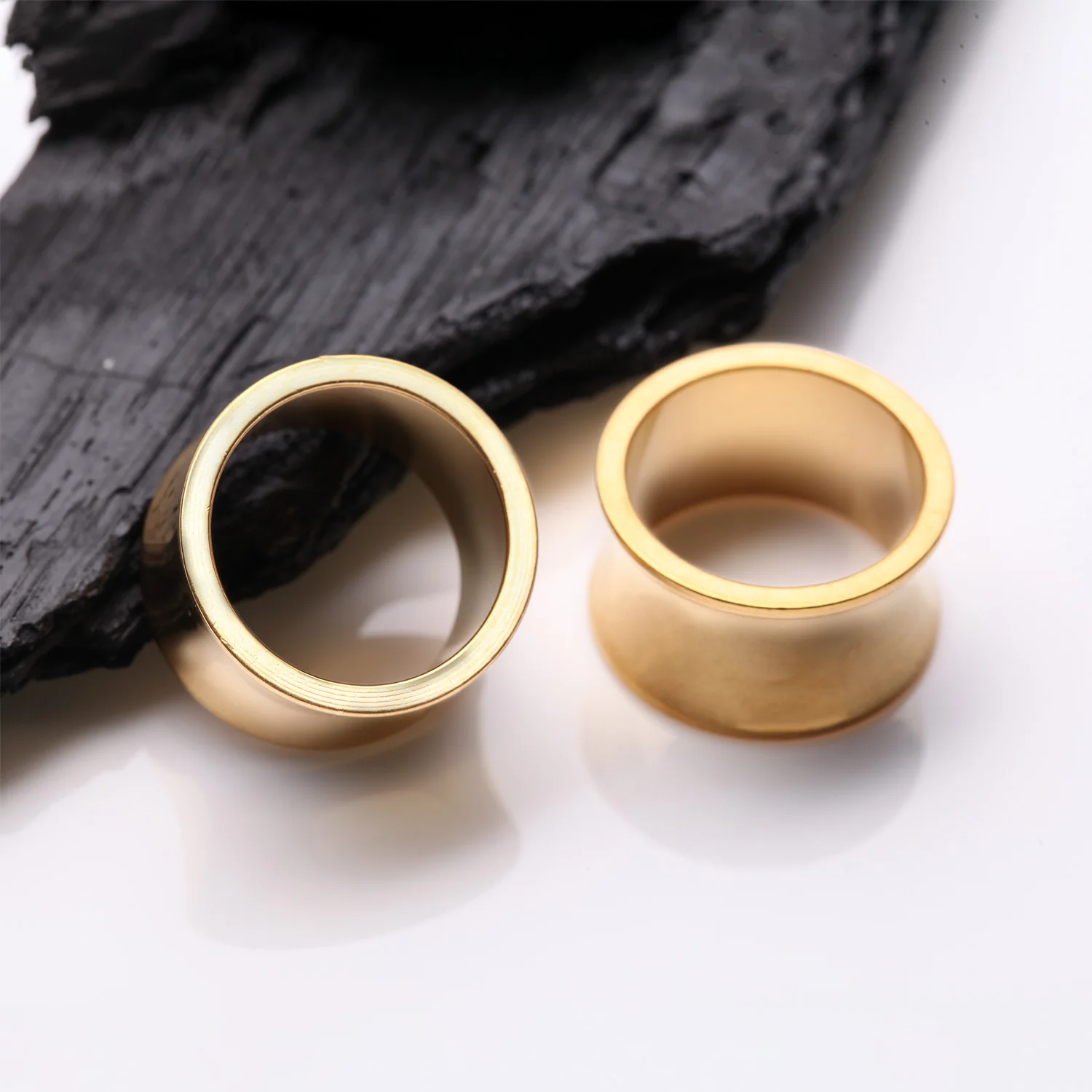 A Pair of Golden Solid Steel Double Flared Ear Gauge Tunnel Plug - Image 2