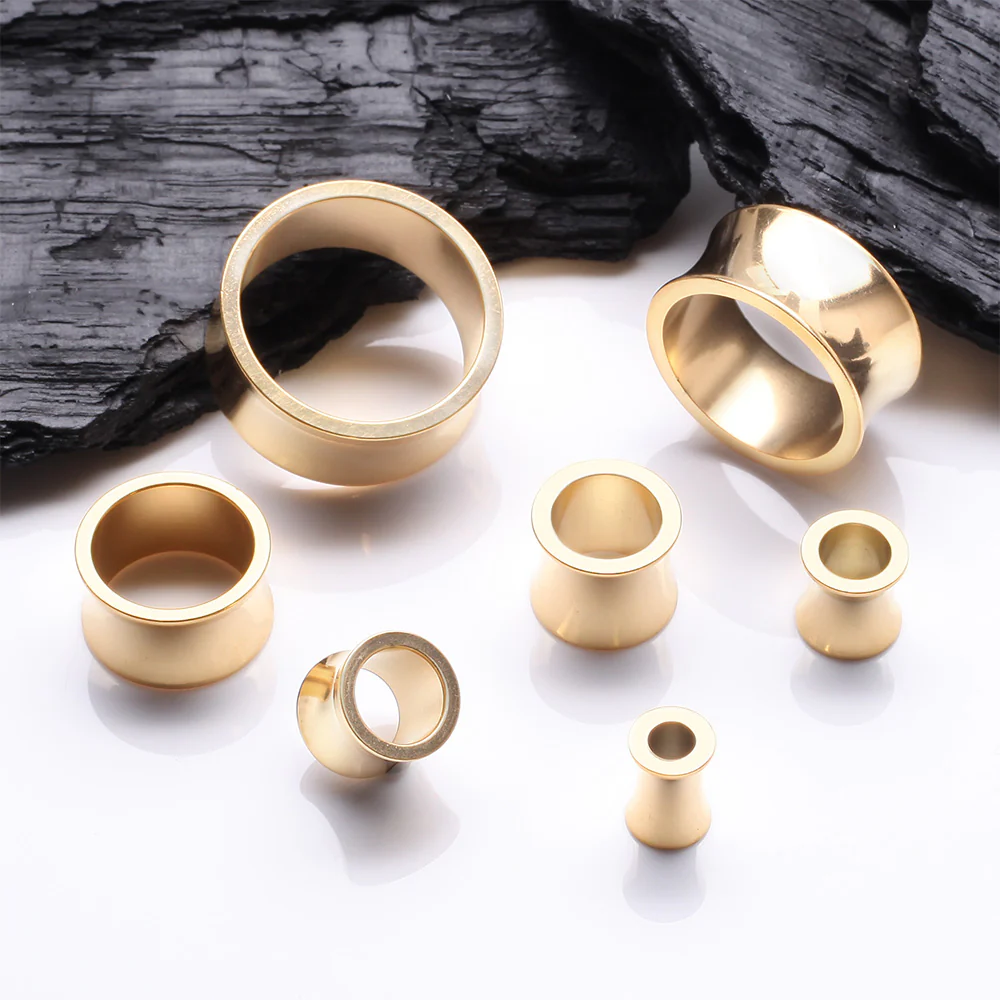 A Pair of Golden Solid Steel Double Flared Ear Gauge Tunnel Plug - Image 3