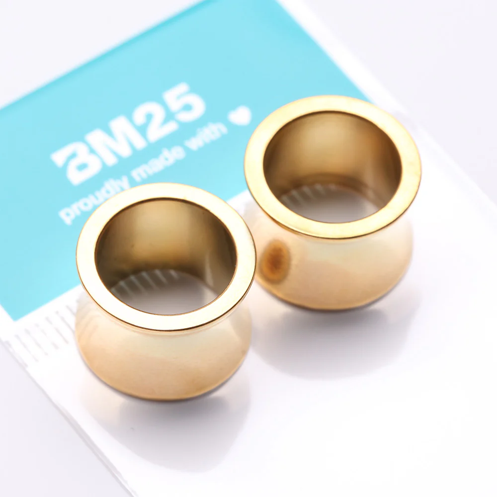 A Pair of Golden Solid Steel Double Flared Ear Gauge Tunnel Plug - Image 4