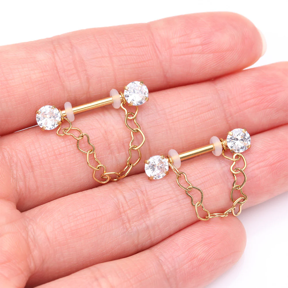 A Pair of Golden Sparkle Chained Hollow Heart Internally Threaded Nipple Barbell - Image 3