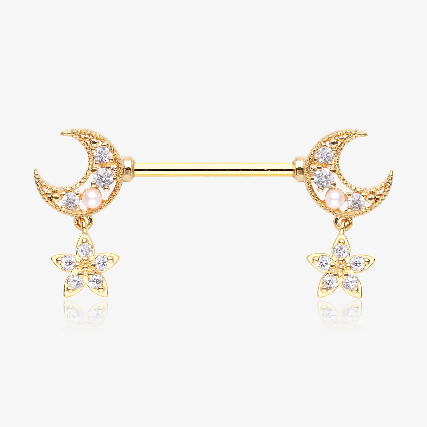 A Pair of Golden Sparkle Crescent Moon Twinkle Dangle Nipple Barbell