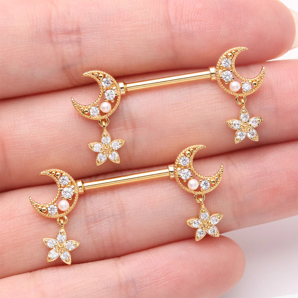 A Pair of Golden Sparkle Crescent Moon Twinkle Dangle Nipple Barbell - Image 3