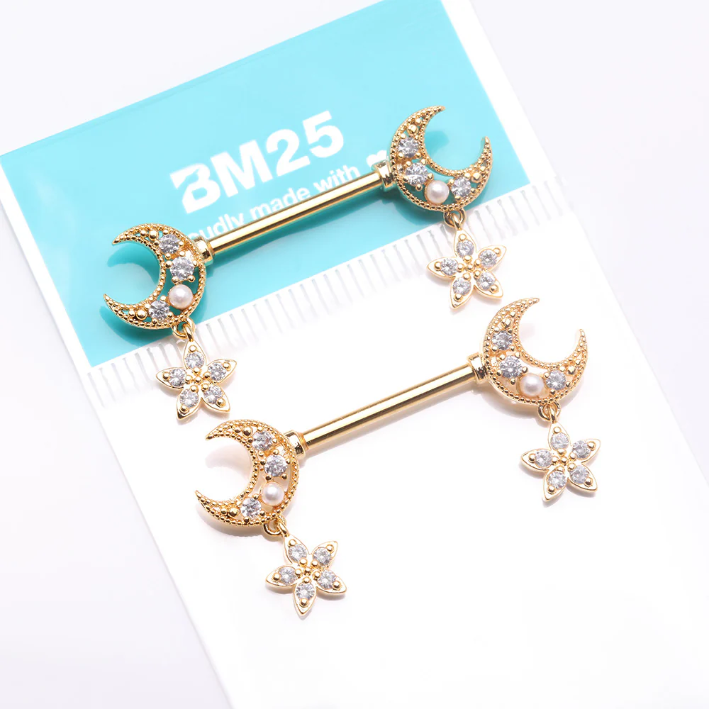 A Pair of Golden Sparkle Crescent Moon Twinkle Dangle Nipple Barbell - Image 4