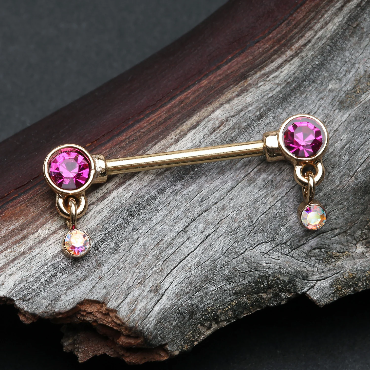 A Pair of Golden Sparkle Dazzle Dangle Droplets Nipple Barbell - Image 2