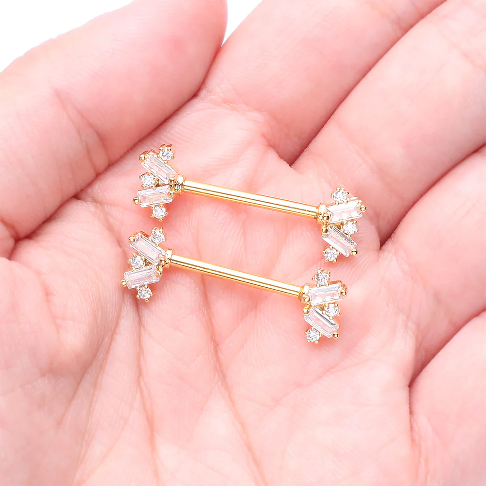 A Pair of Golden Sparkle Overload ZigZag Nipple Barbell - Image 3