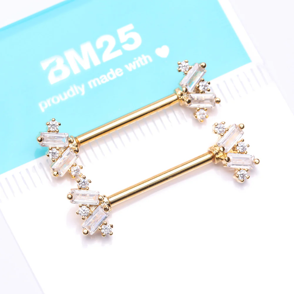 A Pair of Golden Sparkle Overload ZigZag Nipple Barbell - Image 5