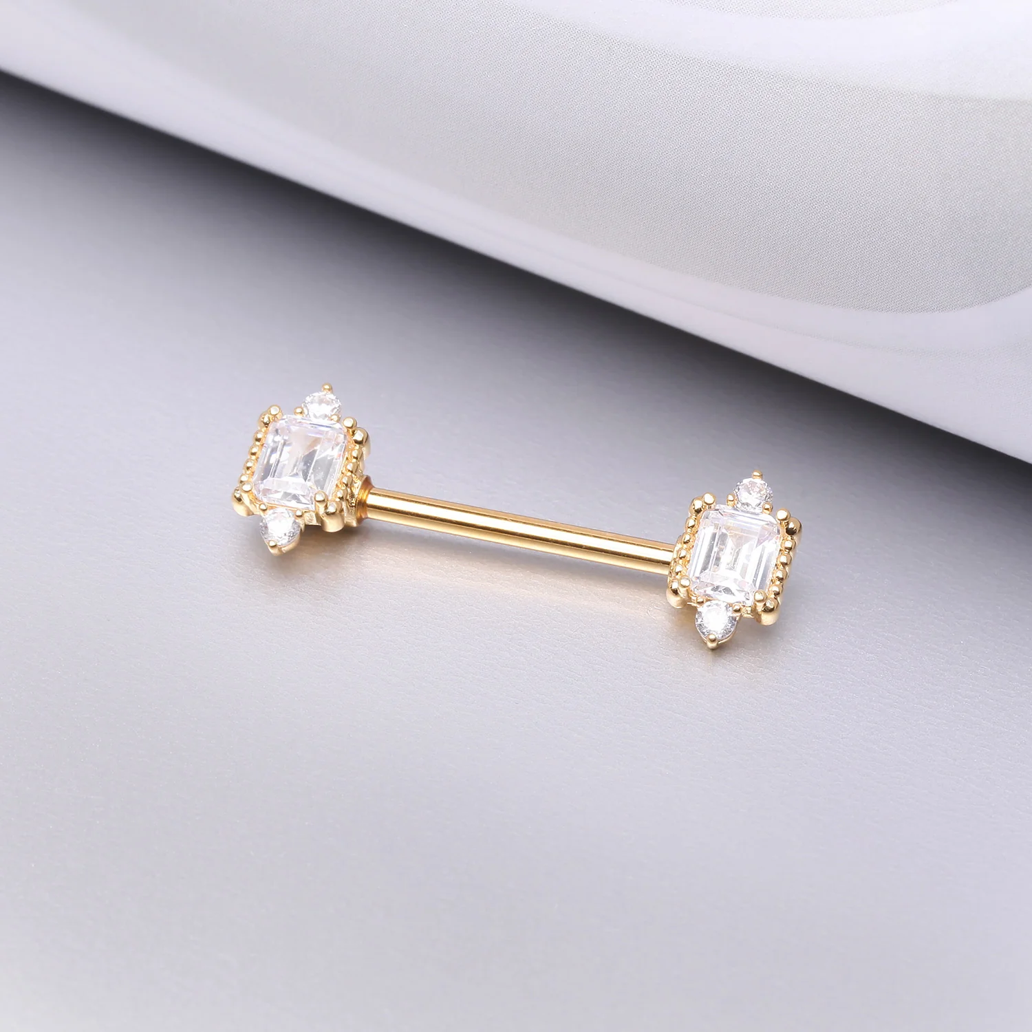A Pair of Golden Sparkle Renaissance Princess Cut Nipple Barbell - Image 2