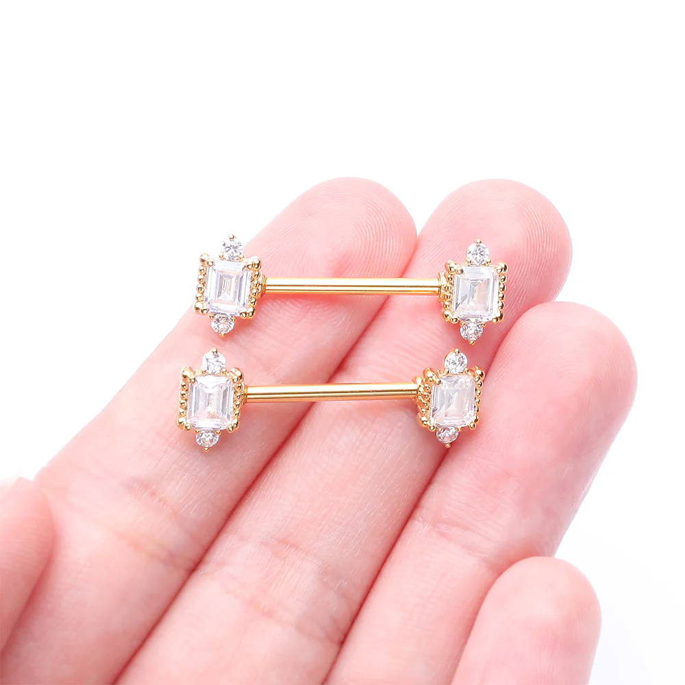 A Pair of Golden Sparkle Renaissance Princess Cut Nipple Barbell - Image 3
