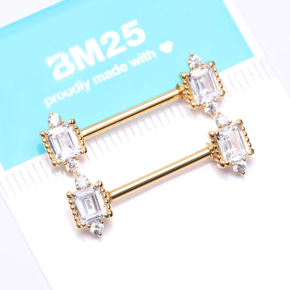 A Pair of Golden Sparkle Renaissance Princess Cut Nipple Barbell - Image 5
