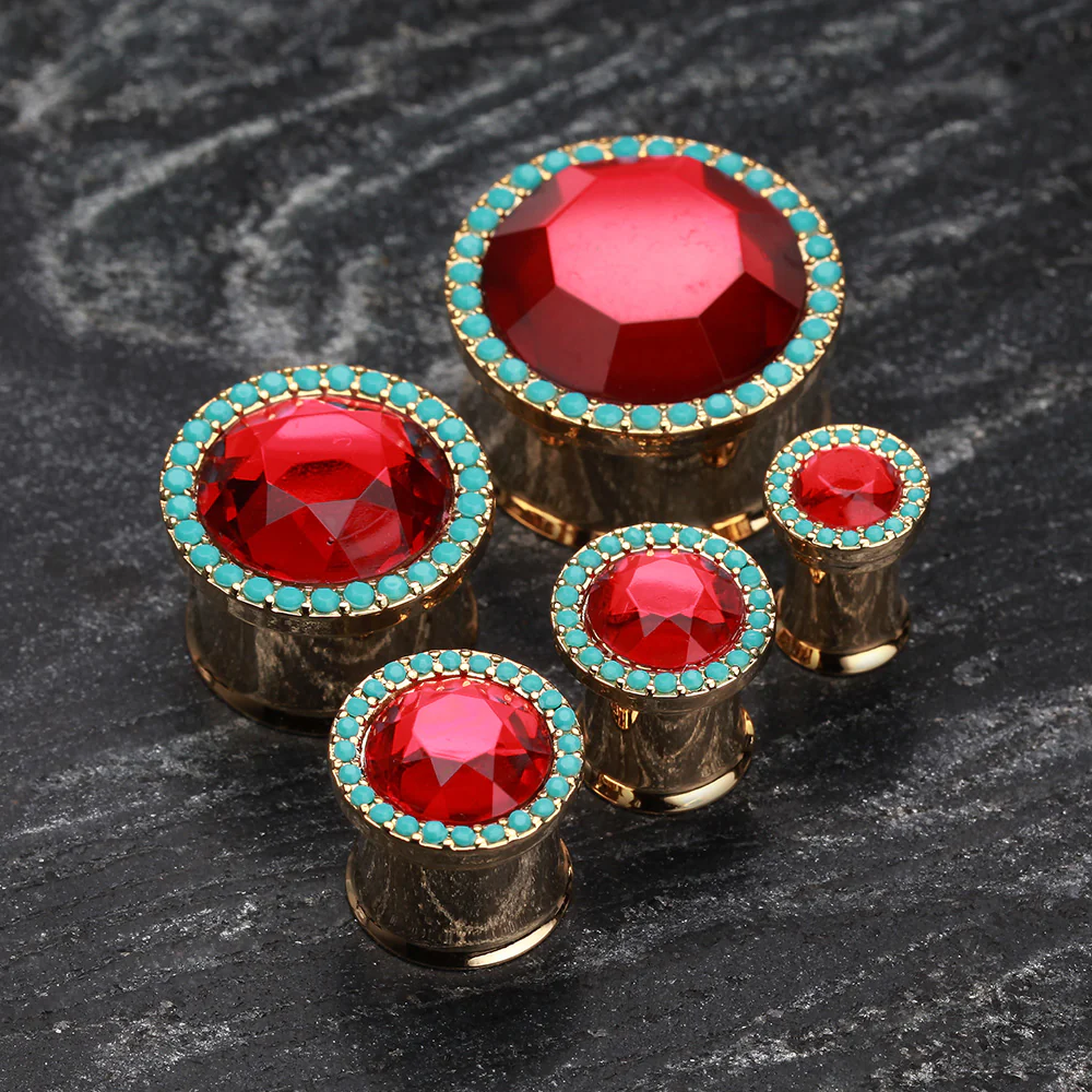 A Pair of Golden Sparkle Turquoise Steel Ear Gauge Plug - Image 5