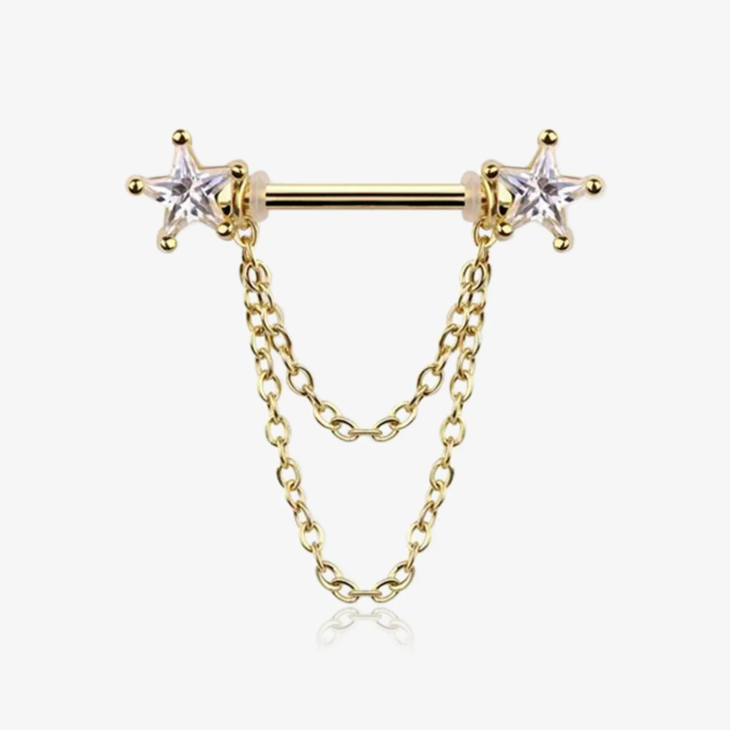 A Pair of Golden Star Gem Sparkle Double Chained Nipple Barbell