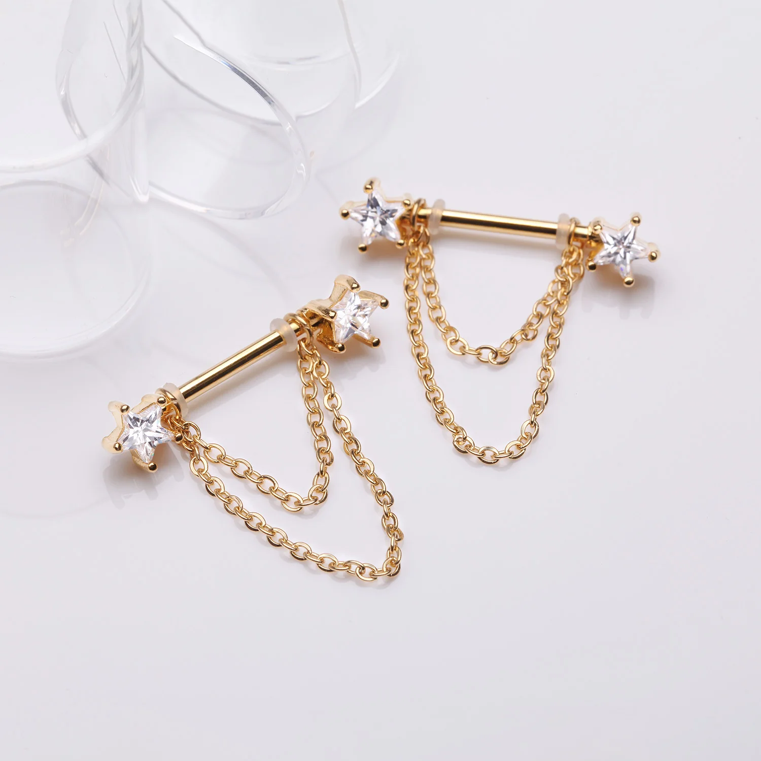 A Pair of Golden Star Gem Sparkle Double Chained Nipple Barbell - Image 2