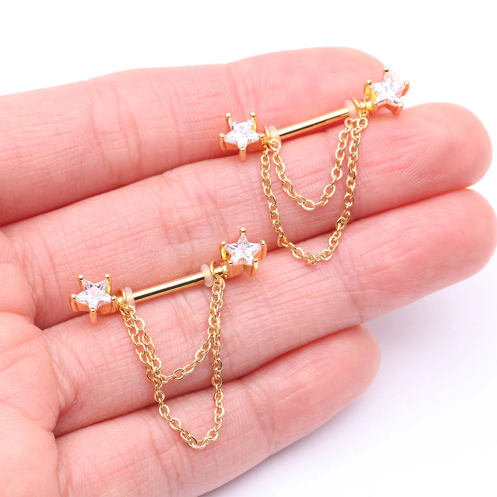 A Pair of Golden Star Gem Sparkle Double Chained Nipple Barbell - Image 3