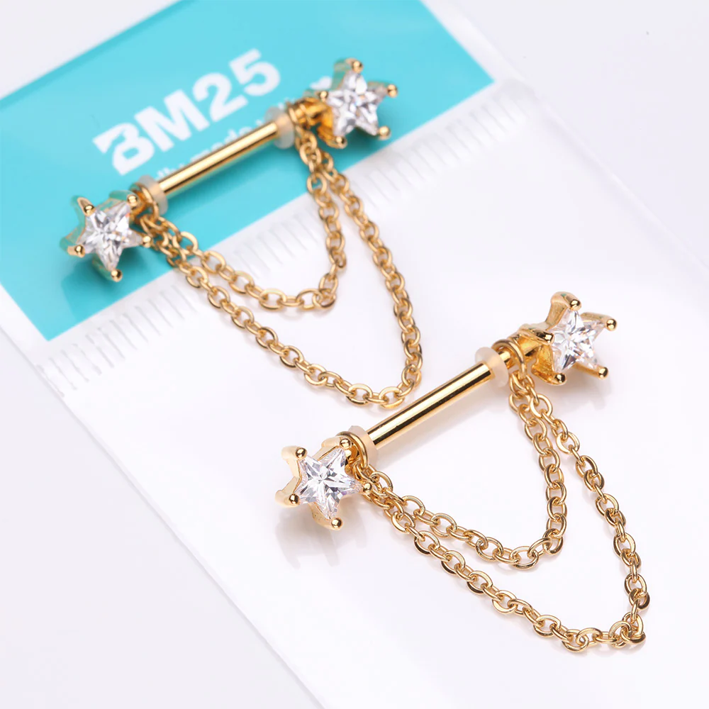 A Pair of Golden Star Gem Sparkle Double Chained Nipple Barbell - Image 4
