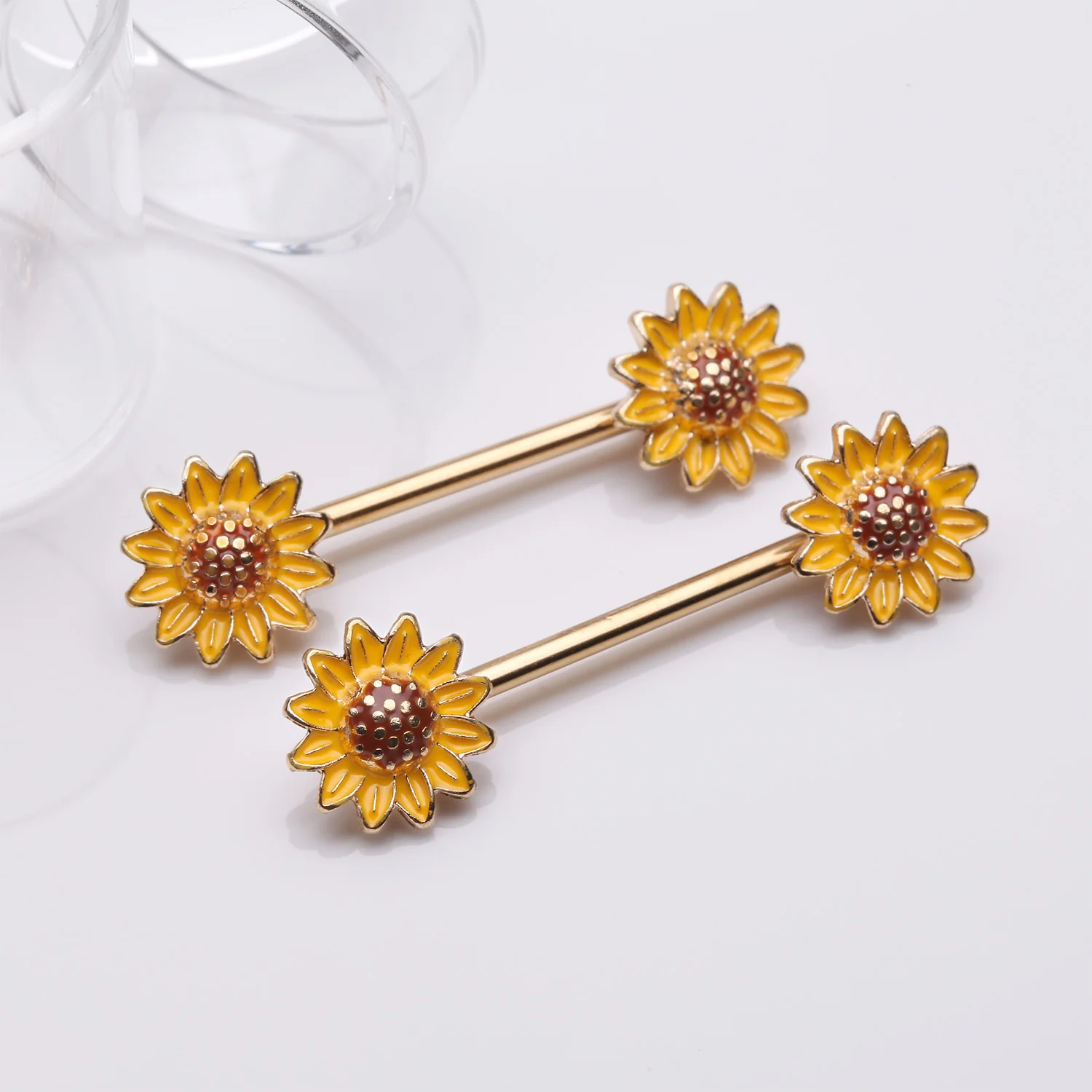 A Pair of Golden Sunflower Blossom Nipple Barbell - Image 2