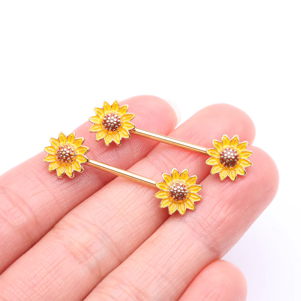 A Pair of Golden Sunflower Blossom Nipple Barbell - Image 3