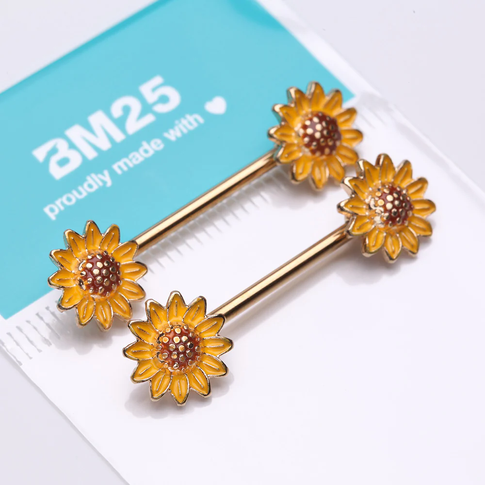 A Pair of Golden Sunflower Blossom Nipple Barbell - Image 4
