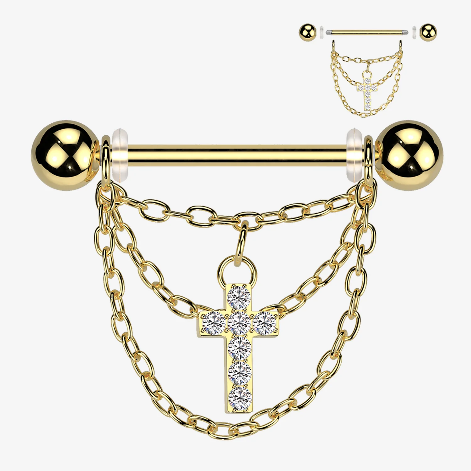 A Pair of Golden Triple Chained Sparkle Cross Nipple Barbell