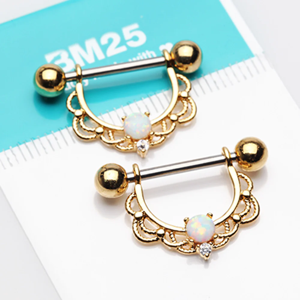 A Pair of Golden Turan Fire Opal Sparkle Dangle Nipple Shield - Image 3