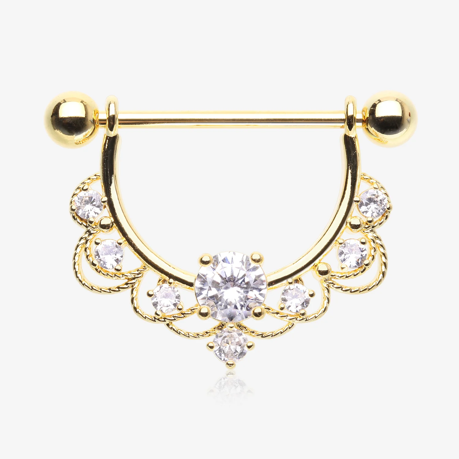 A Pair of Golden Turan Laced Multi-Gem Sparkle Dangle Nipple Barbell Ring