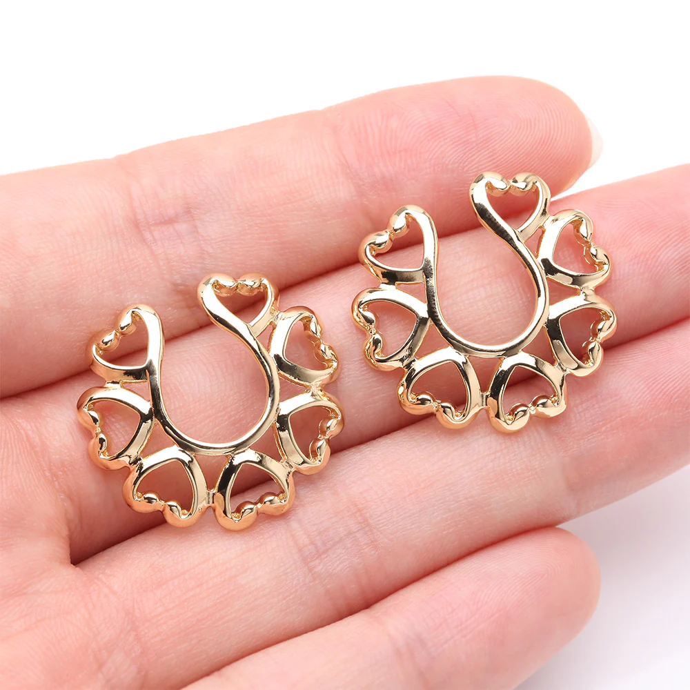 A Pair of Golden Vintage Hearts Clip On Non-Piercing Nipple Shield Ring - Image 3