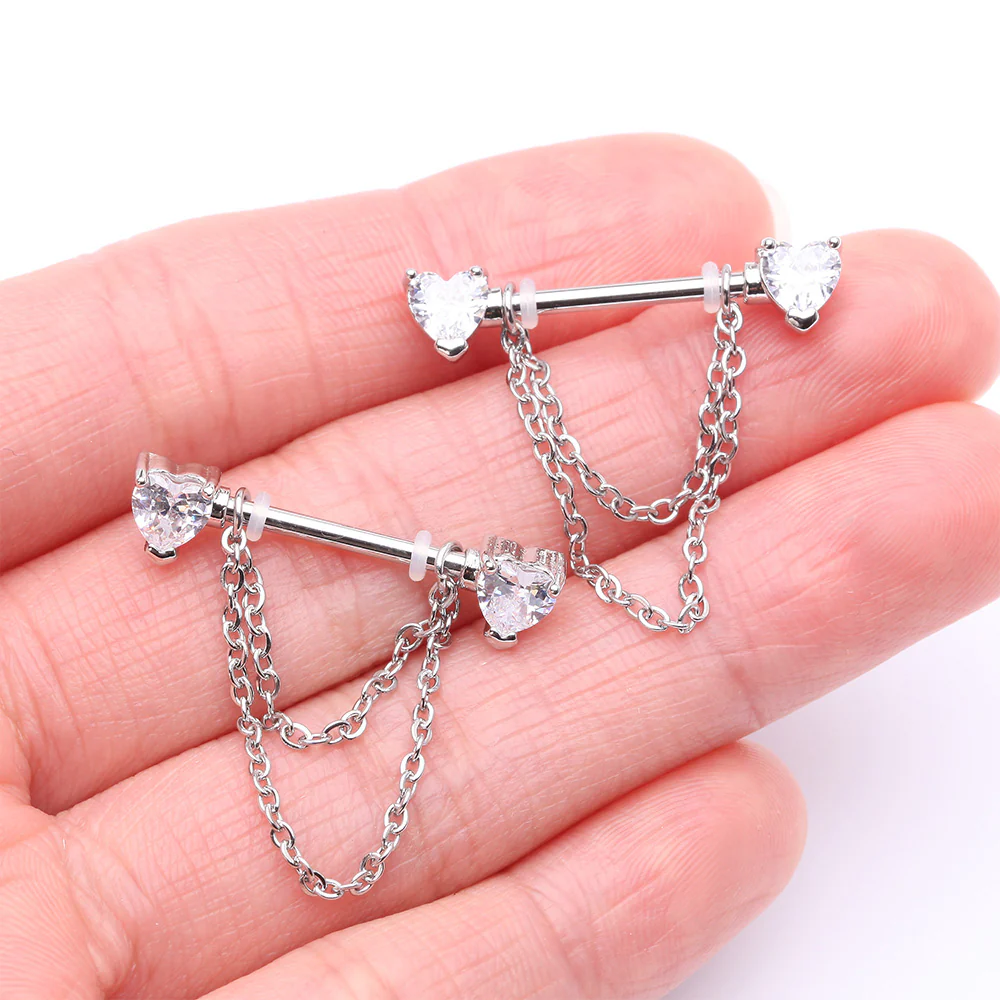 A Pair of Heart Gem Sparkle Double Chained Nipple Barbell - Image 3