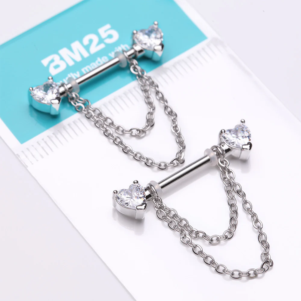 A Pair of Heart Gem Sparkle Double Chained Nipple Barbell - Image 4