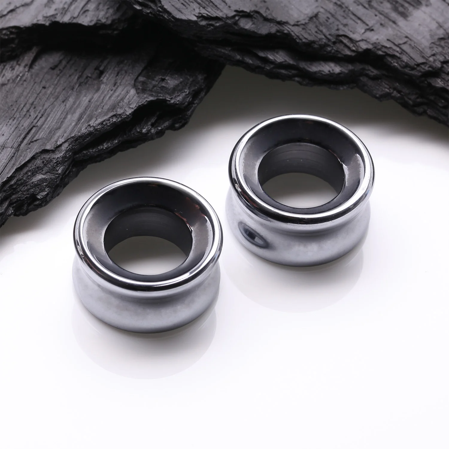 A Pair of Hematite Stone Double Flared Eyelet Tunnel Plug - Image 2