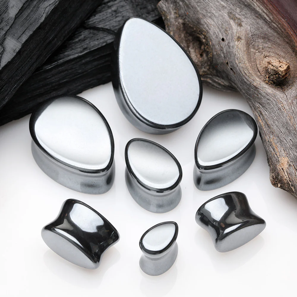 A Pair of Hematite Stone Teardrop Double Flared Ear Gauge Plug - Image 3