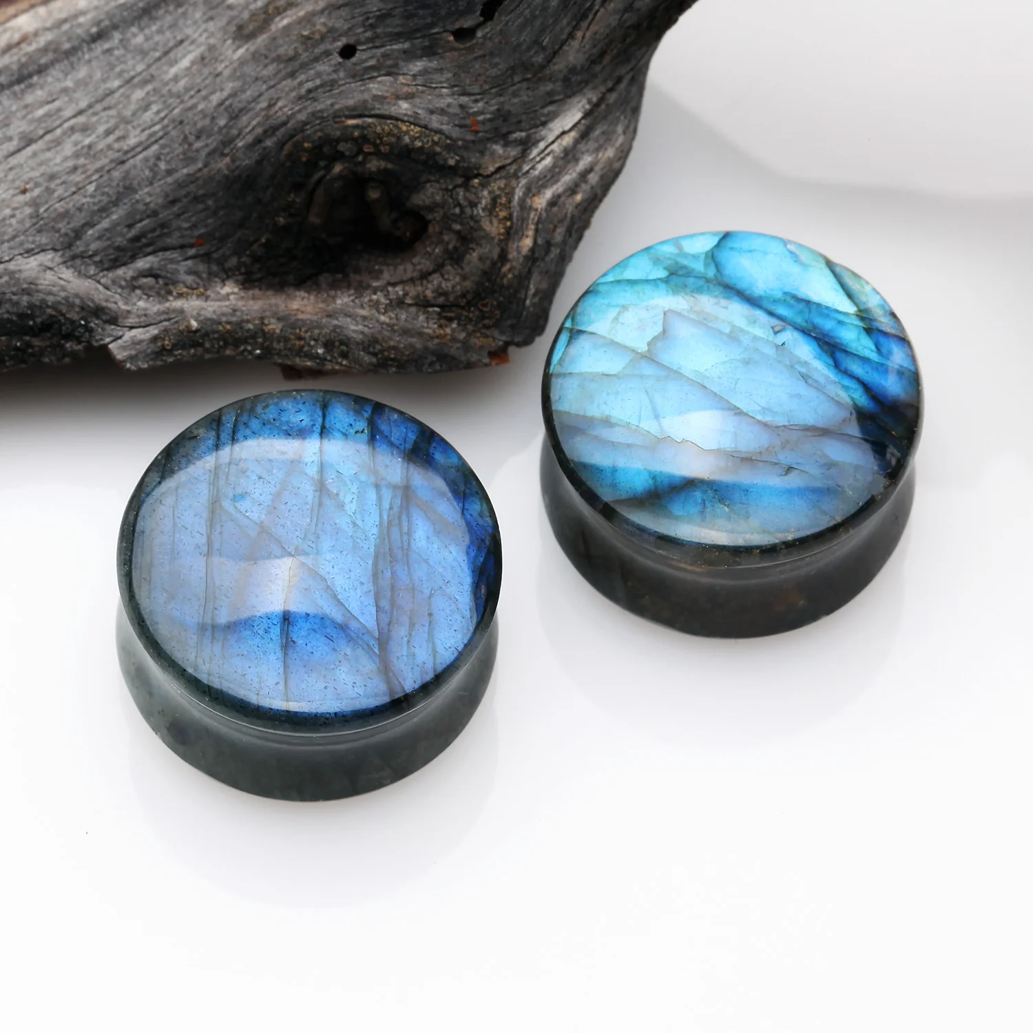 A Pair Of High Grade Labradorite Convex Stone Double Flared Plug* - Image 2