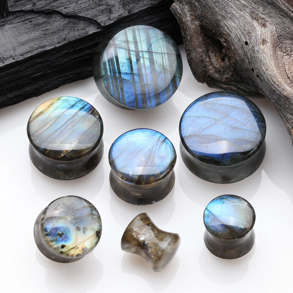 A Pair Of High Grade Labradorite Convex Stone Double Flared Plug* - Image 3