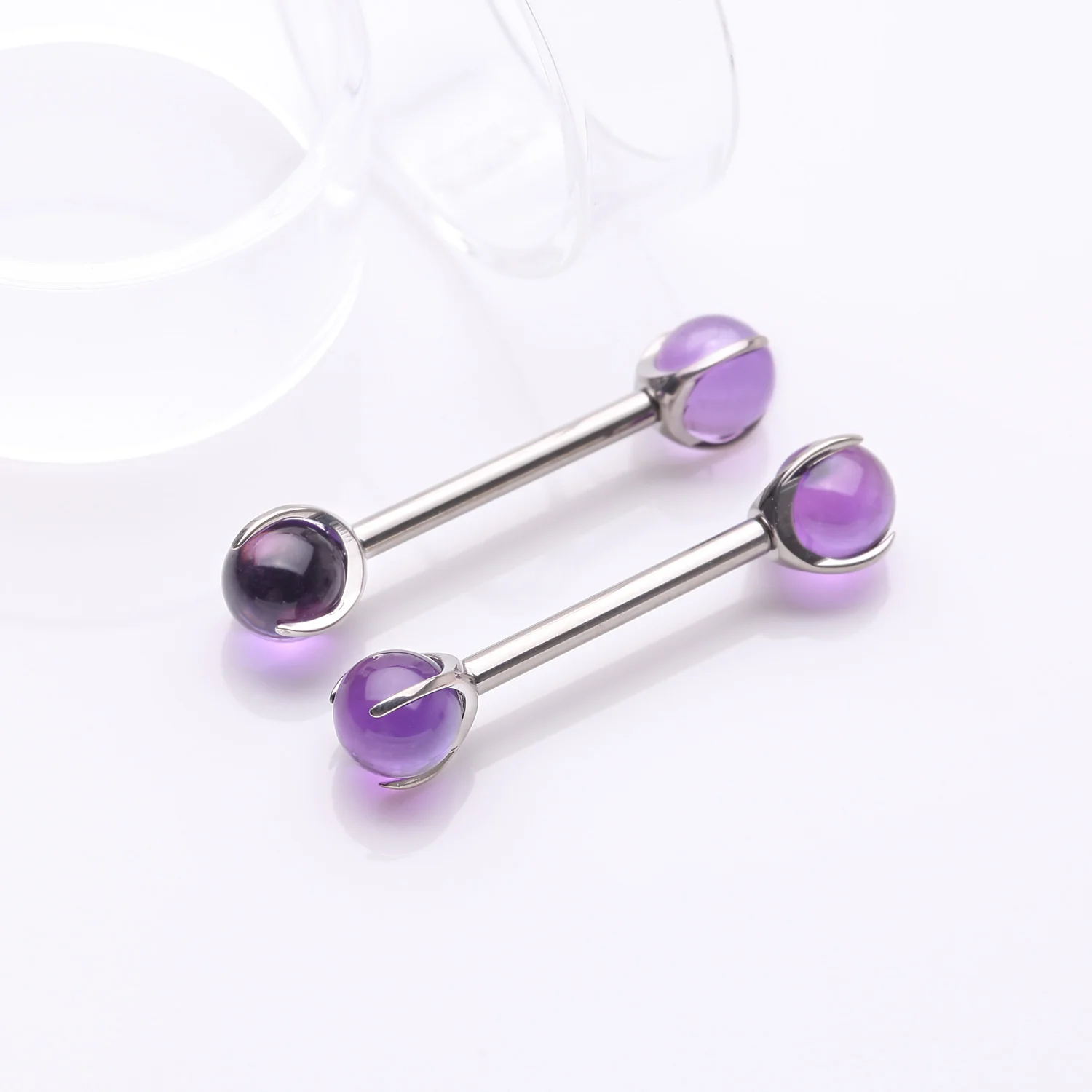 A Pair of Implant Grade Titanium Amethyst Stone Ball Claw Prong Internally Threaded Nipple Barbell - Image 2