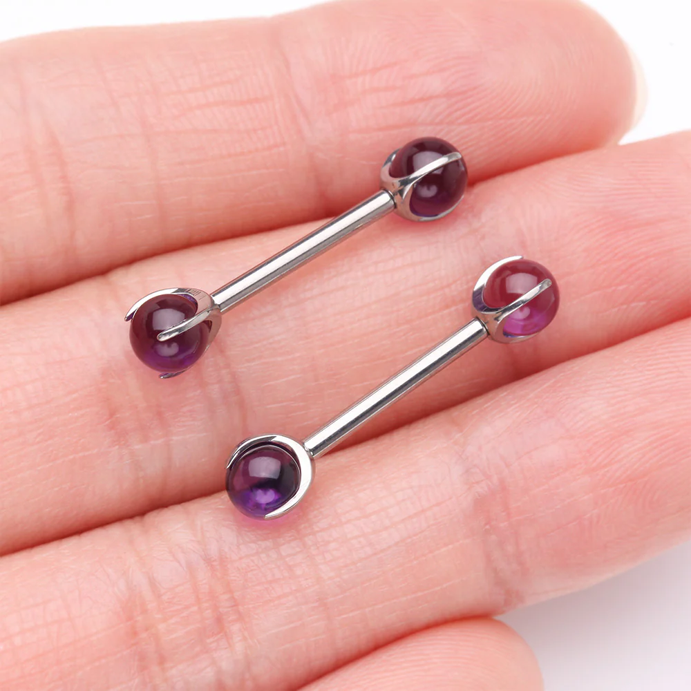 A Pair of Implant Grade Titanium Amethyst Stone Ball Claw Prong Internally Threaded Nipple Barbell - Image 3