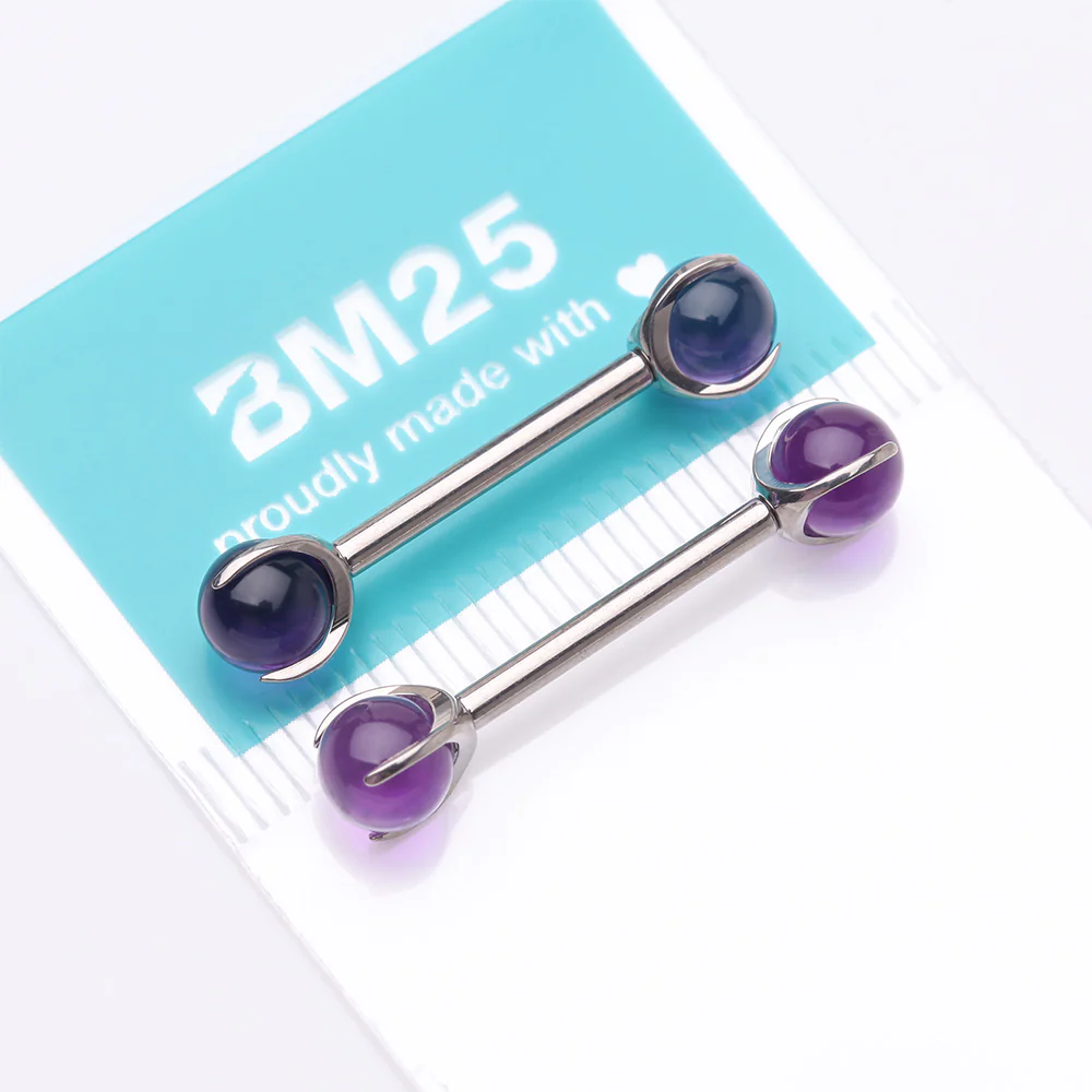 A Pair of Implant Grade Titanium Amethyst Stone Ball Claw Prong Internally Threaded Nipple Barbell - Image 5