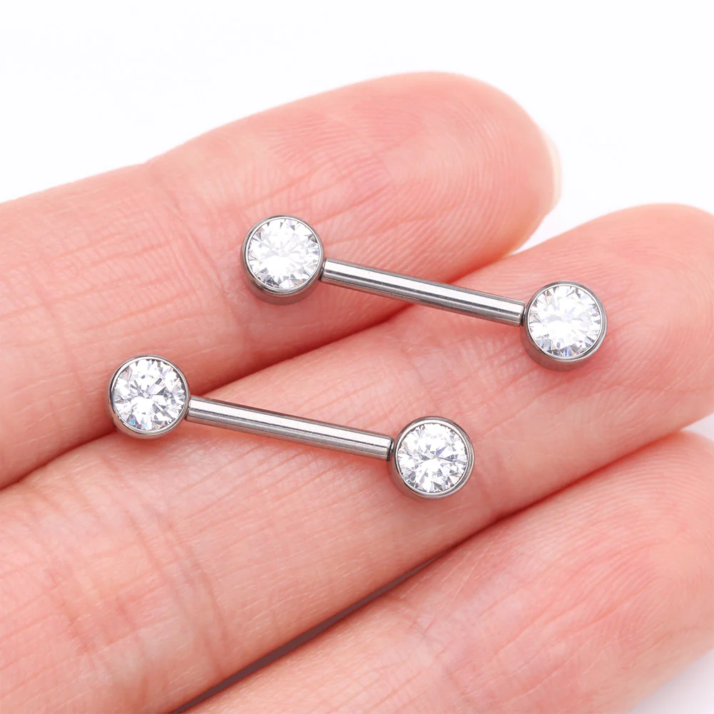 A Pair of Implant Grade Titanium Bezel Set Sparkle Internally Threaded Nipple Barbell - Image 3
