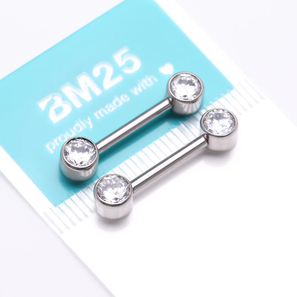 A Pair of Implant Grade Titanium Bezel Set Sparkle Internally Threaded Nipple Barbell - Image 4