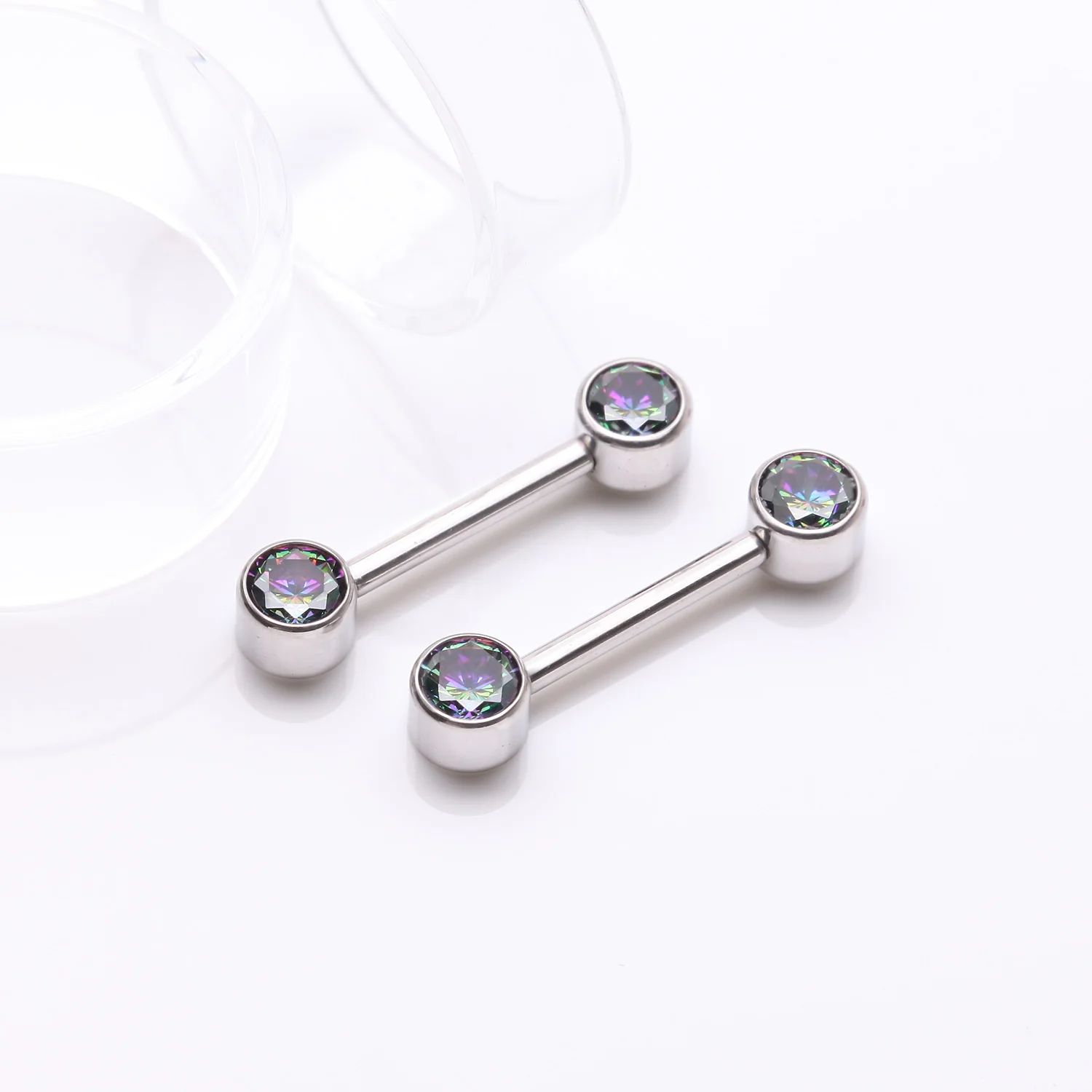 A Pair of Implant Grade Titanium Bezel Set Sparkle Internally Threaded Nipple Barbell - Image 2