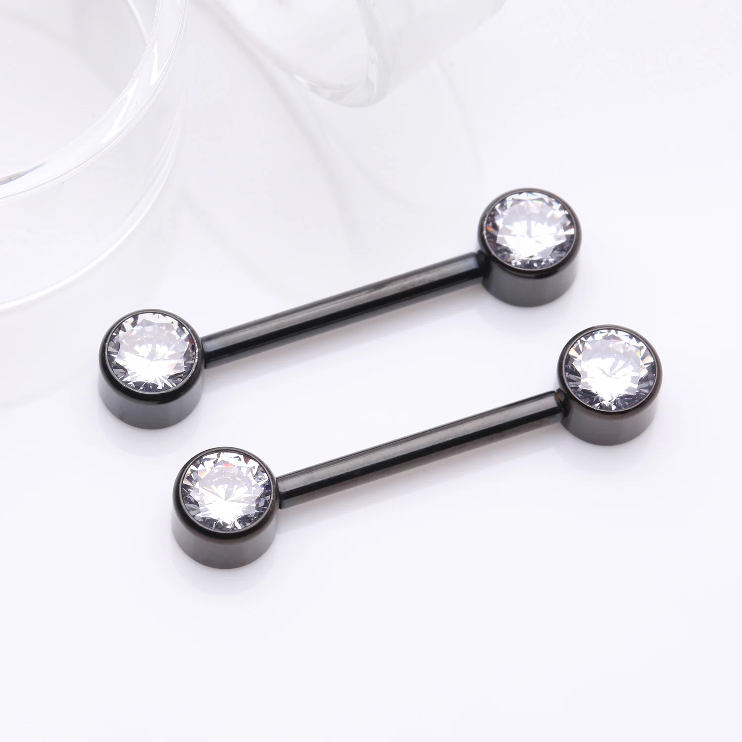 A Pair of Implant Grade Titanium Blackline Bezel Set Sparkle Internally Threaded Nipple Barbell - Image 2