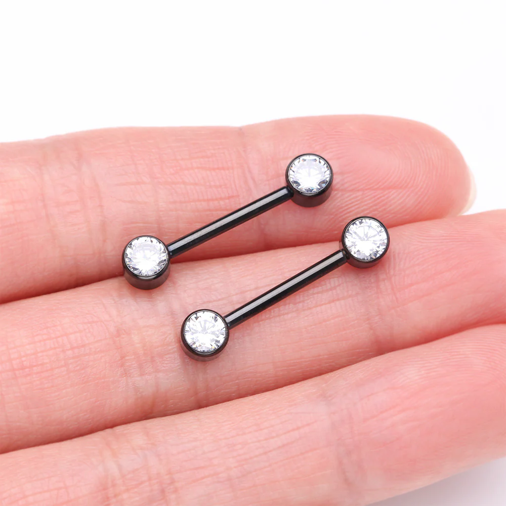 A Pair of Implant Grade Titanium Blackline Bezel Set Sparkle Internally Threaded Nipple Barbell - Image 3