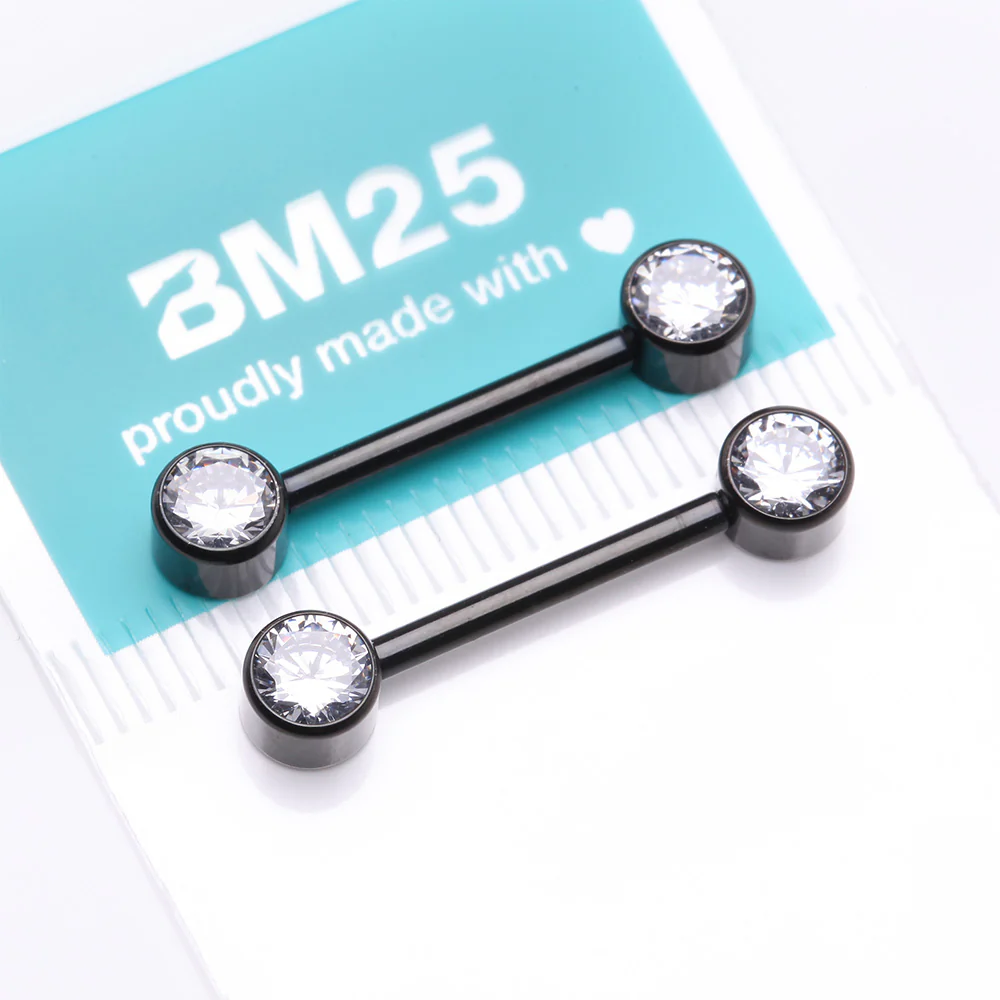 A Pair of Implant Grade Titanium Blackline Bezel Set Sparkle Internally Threaded Nipple Barbell - Image 4